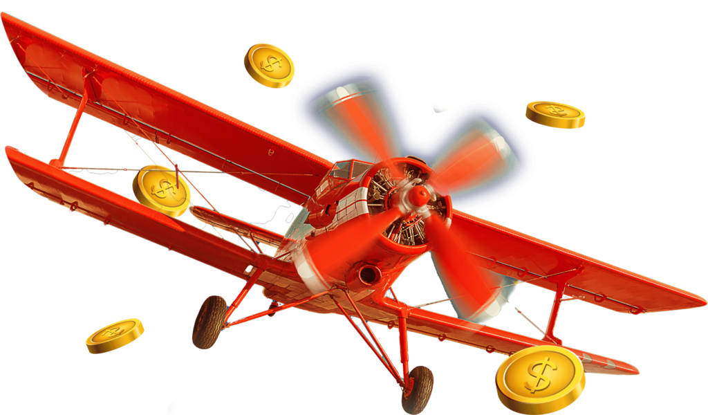 A plane flying alongside gold coins, symbolizing the excitement and reward potential in Spribe's Aviator game.