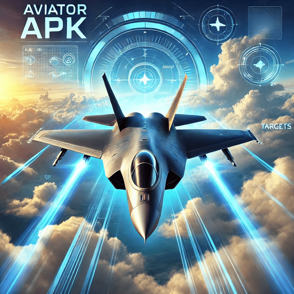 Sleek fighter jet soaring through a vibrant blue sky with dynamic digital elements, representing high-speed adventure in Aviator APK.