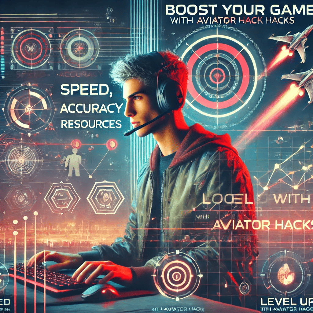 Focused gamer using computer with icons for speed, accuracy, and resources, symbolizing aviator hack advantages.